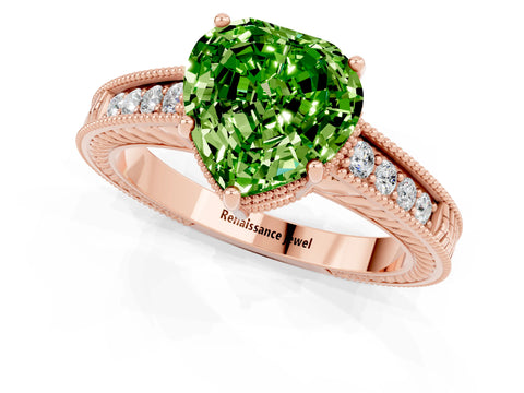 Rose gold Heart Cut Peridot Ring with Milgrain Pavé Band and Four-Prong Setting_13
