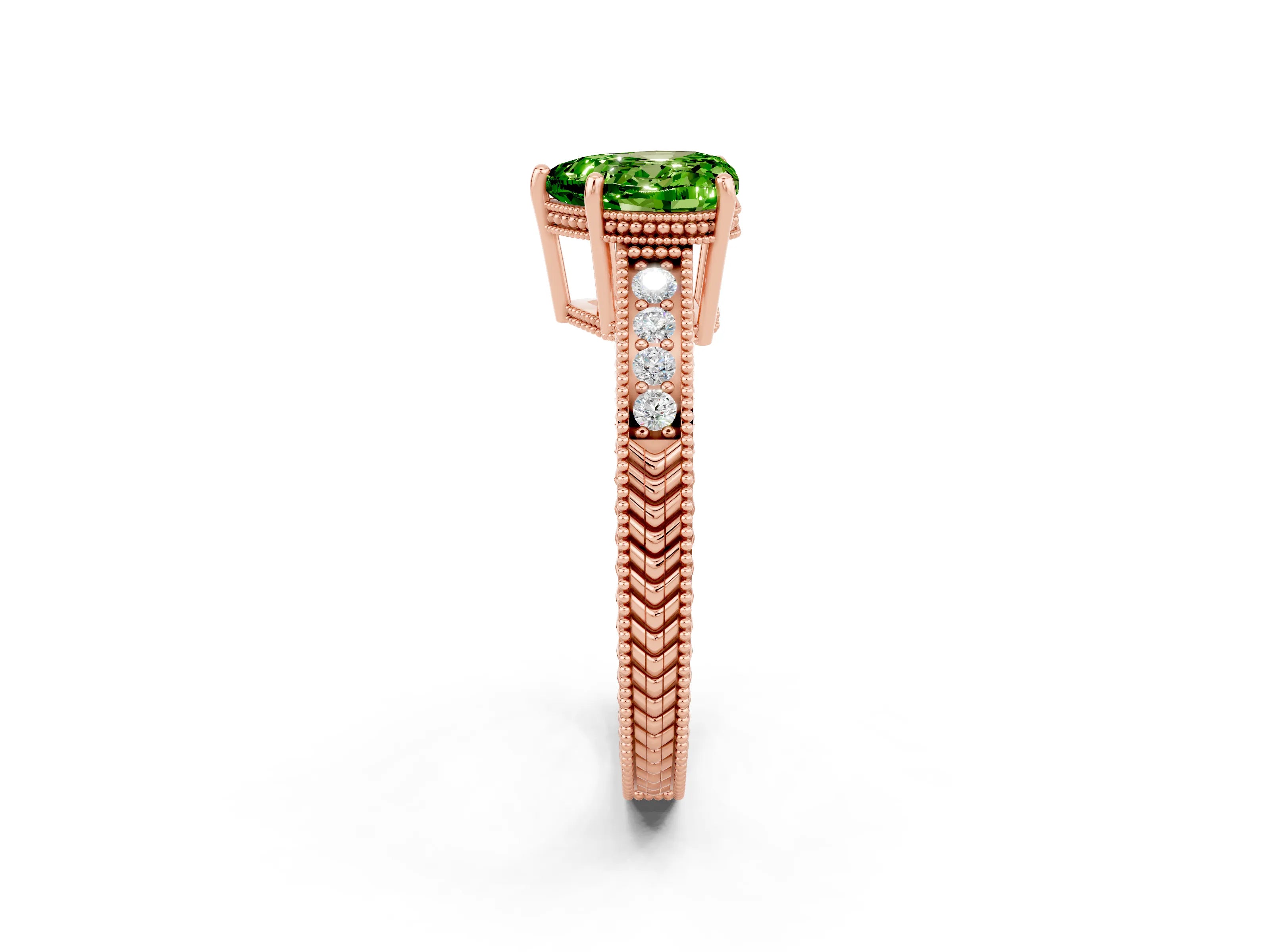 Rose gold Heart Cut Peridot Ring with Milgrain Pavé Band and Four-Prong Setting_14