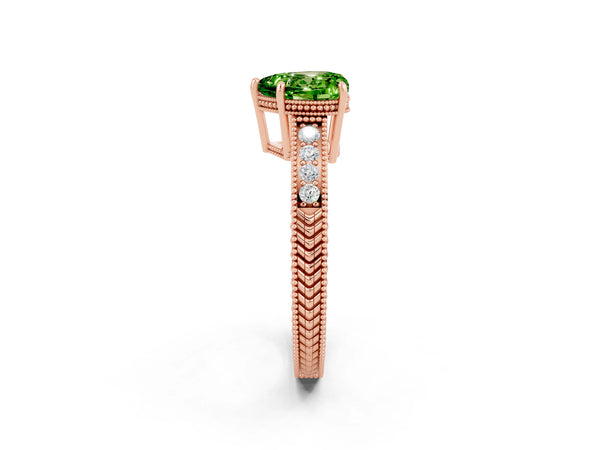 Rose gold Heart Cut Peridot Ring with Milgrain Pavé Band and Four-Prong Setting