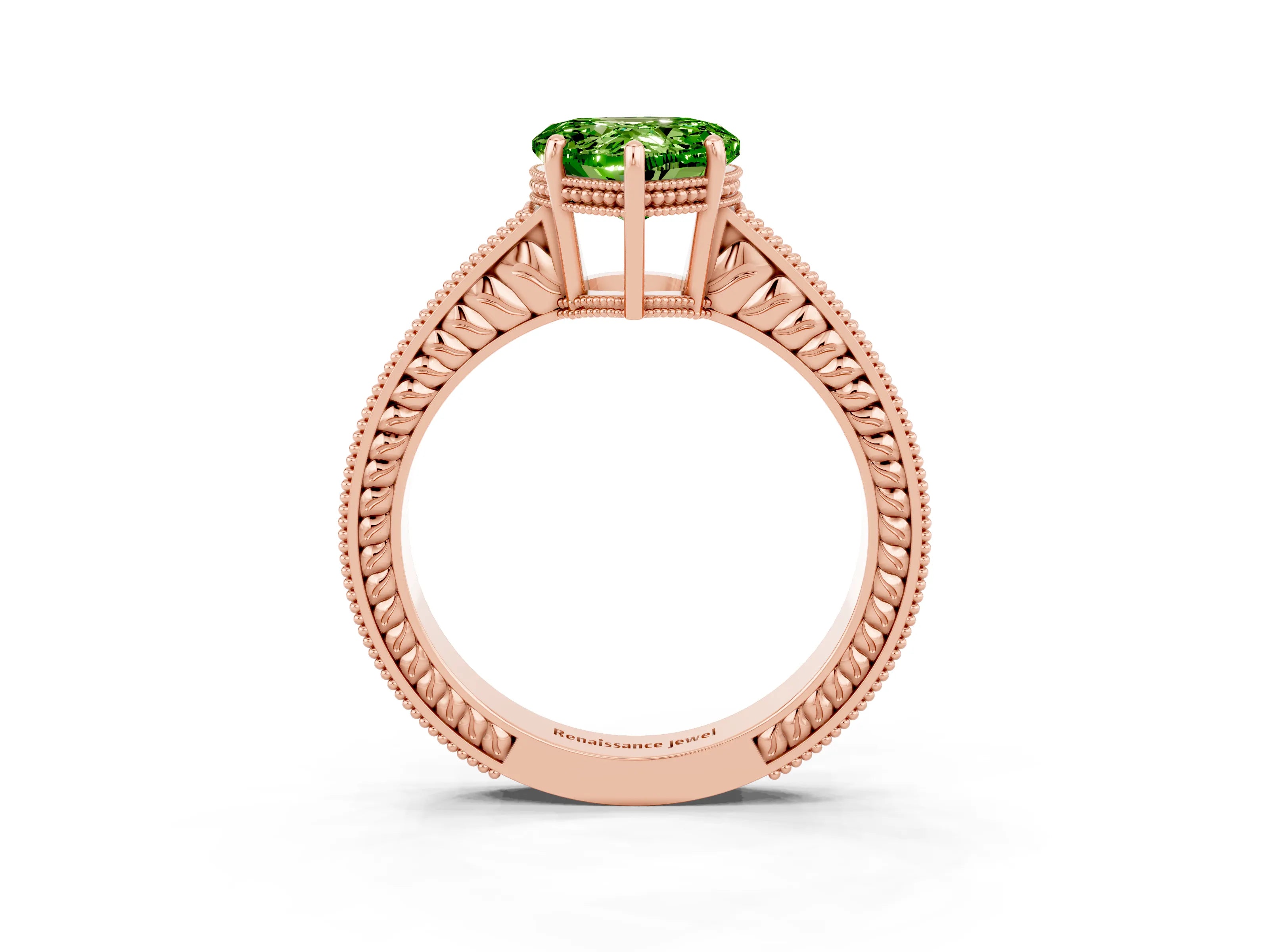 Rose gold Heart Cut Peridot Ring with Milgrain Pavé Band and Four-Prong Setting_15