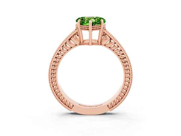 Rose gold Heart Cut Peridot Ring with Milgrain Pavé Band and Four-Prong Setting