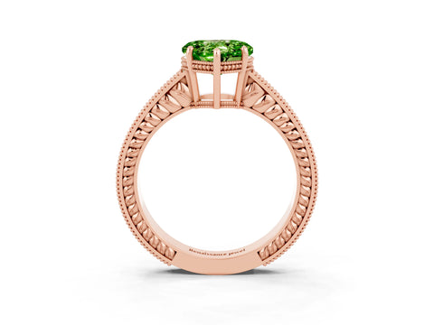 Rose gold Heart Cut Peridot Ring with Milgrain Pavé Band and Four-Prong Setting_15