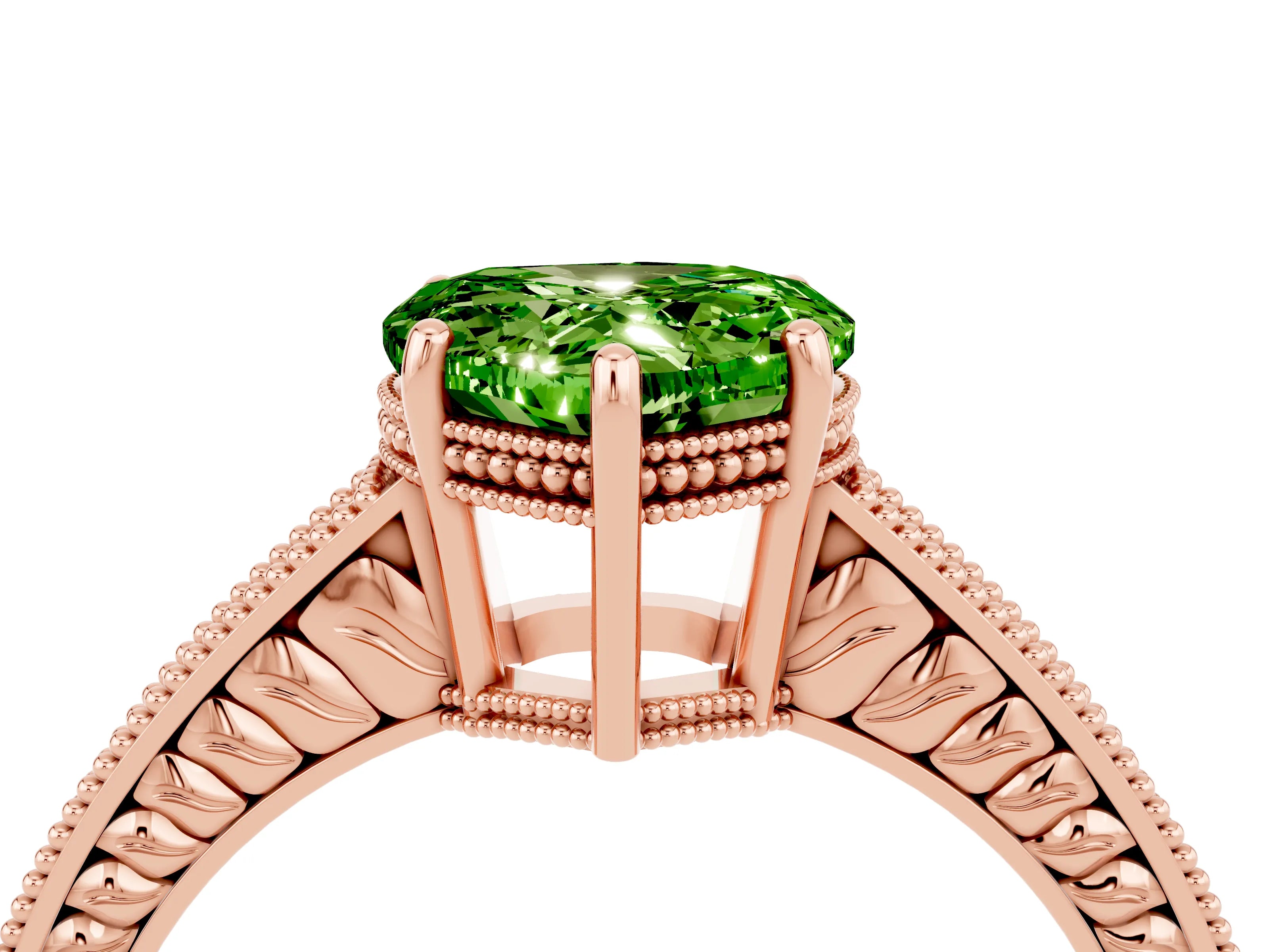 Rose gold Heart Cut Peridot Ring with Milgrain Pavé Band and Four-Prong Setting_16
