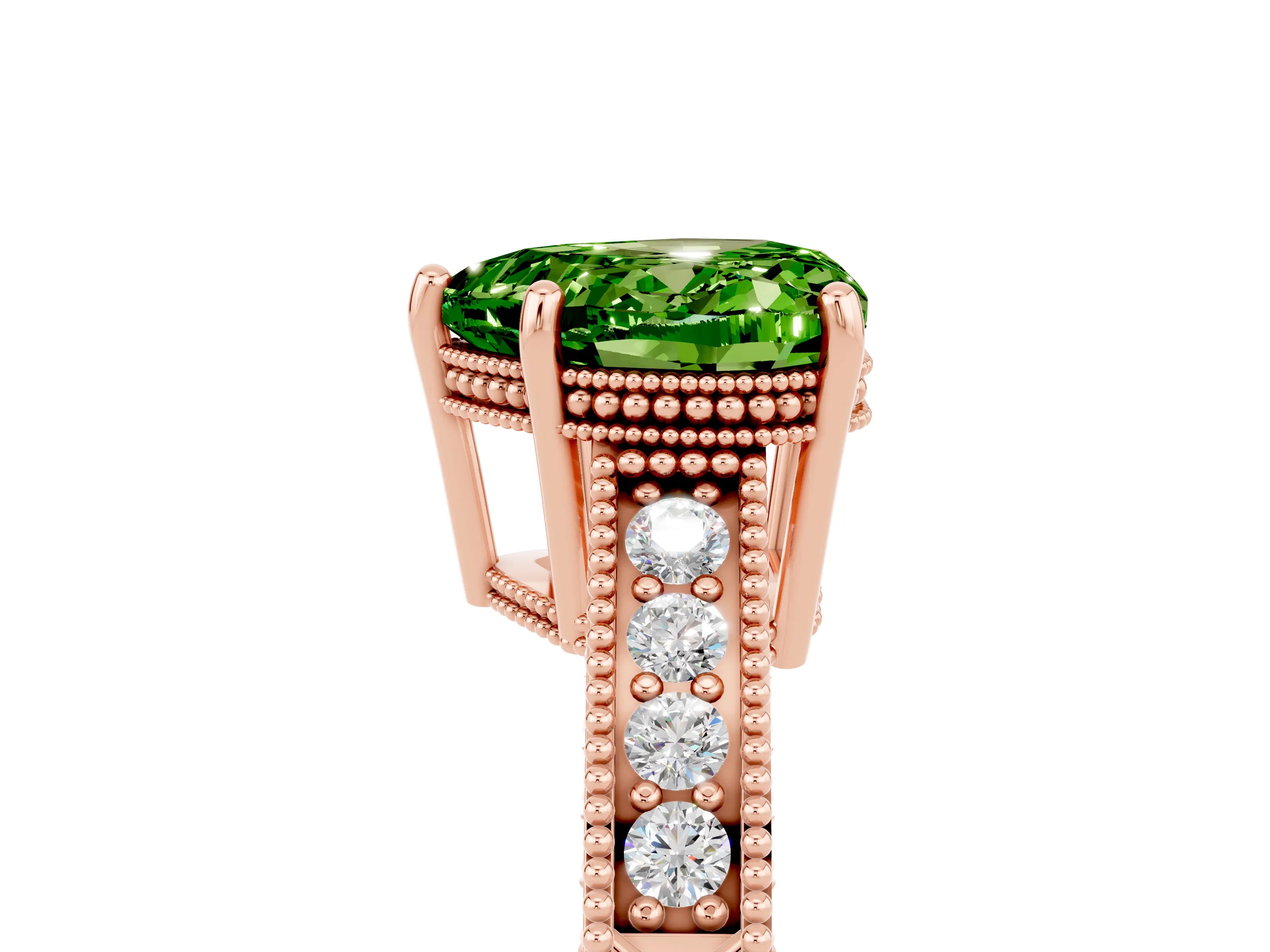 Rose gold Heart Cut Peridot Ring with Milgrain Pavé Band and Four-Prong Setting_17