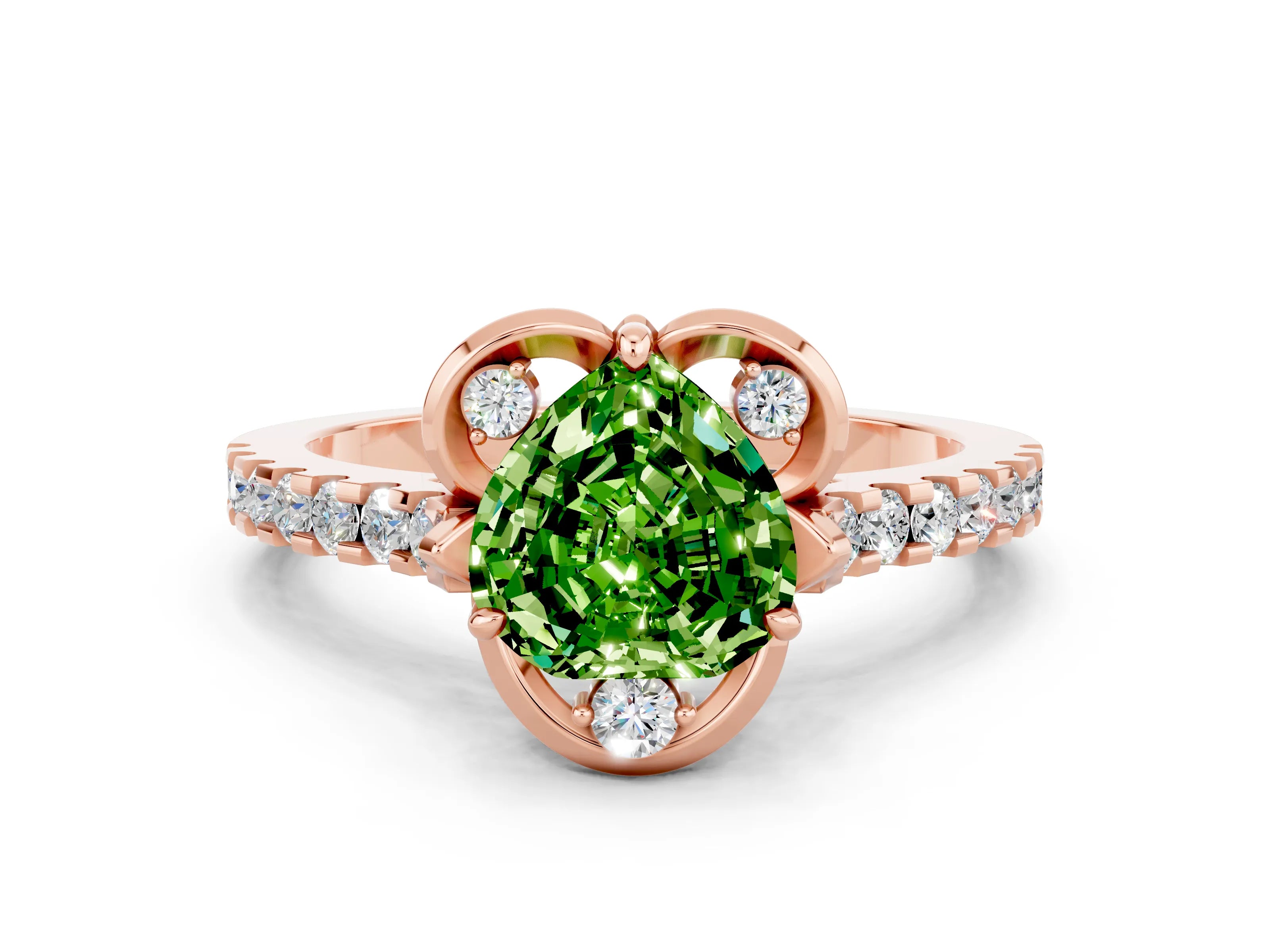 Rose gold Heart Cut Peridot Ring with Pavé Band and Floral Prong Setting
