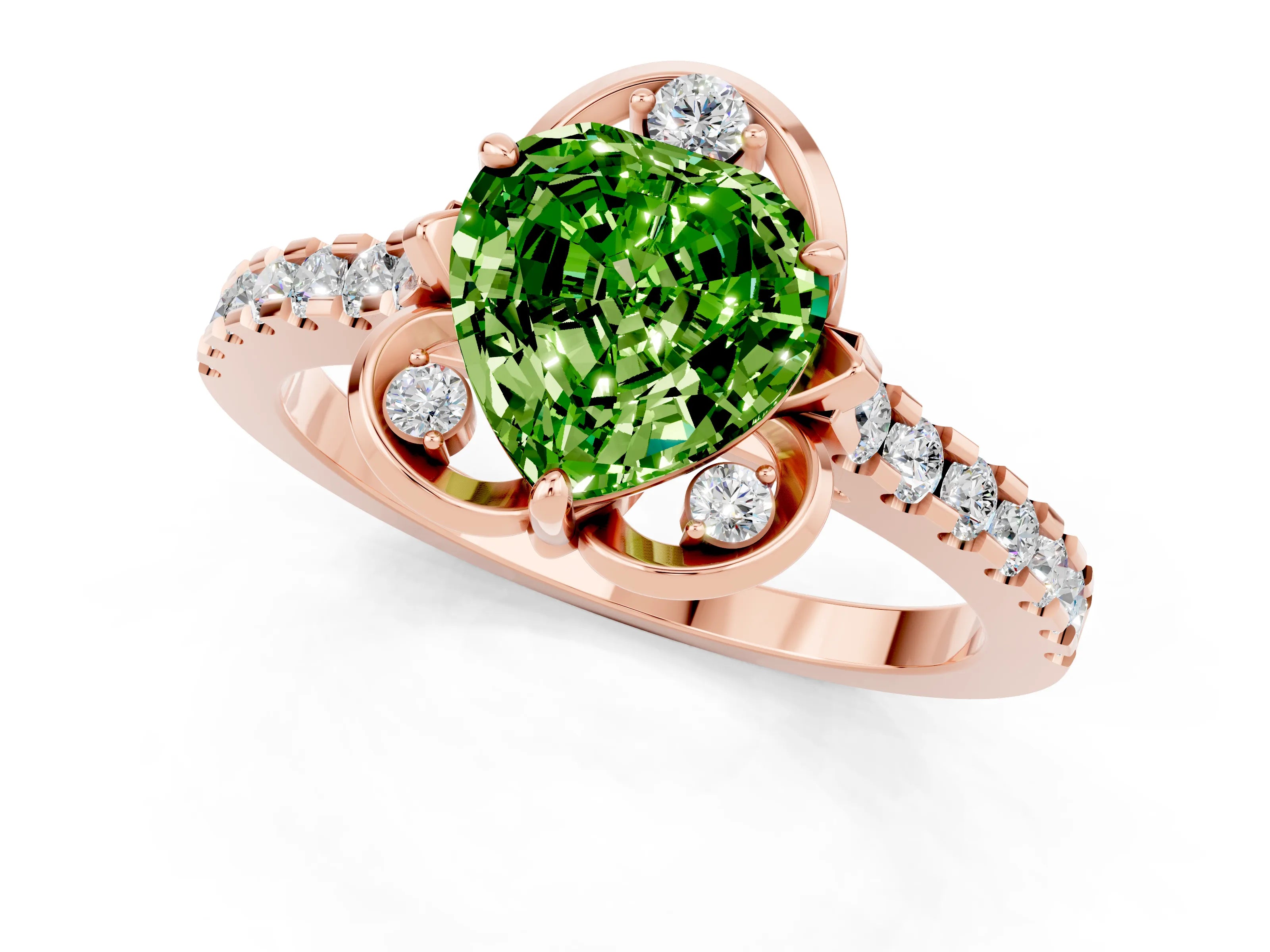 Rose gold Heart Cut Peridot Ring with Pavé Band and Floral Prong Setting_1