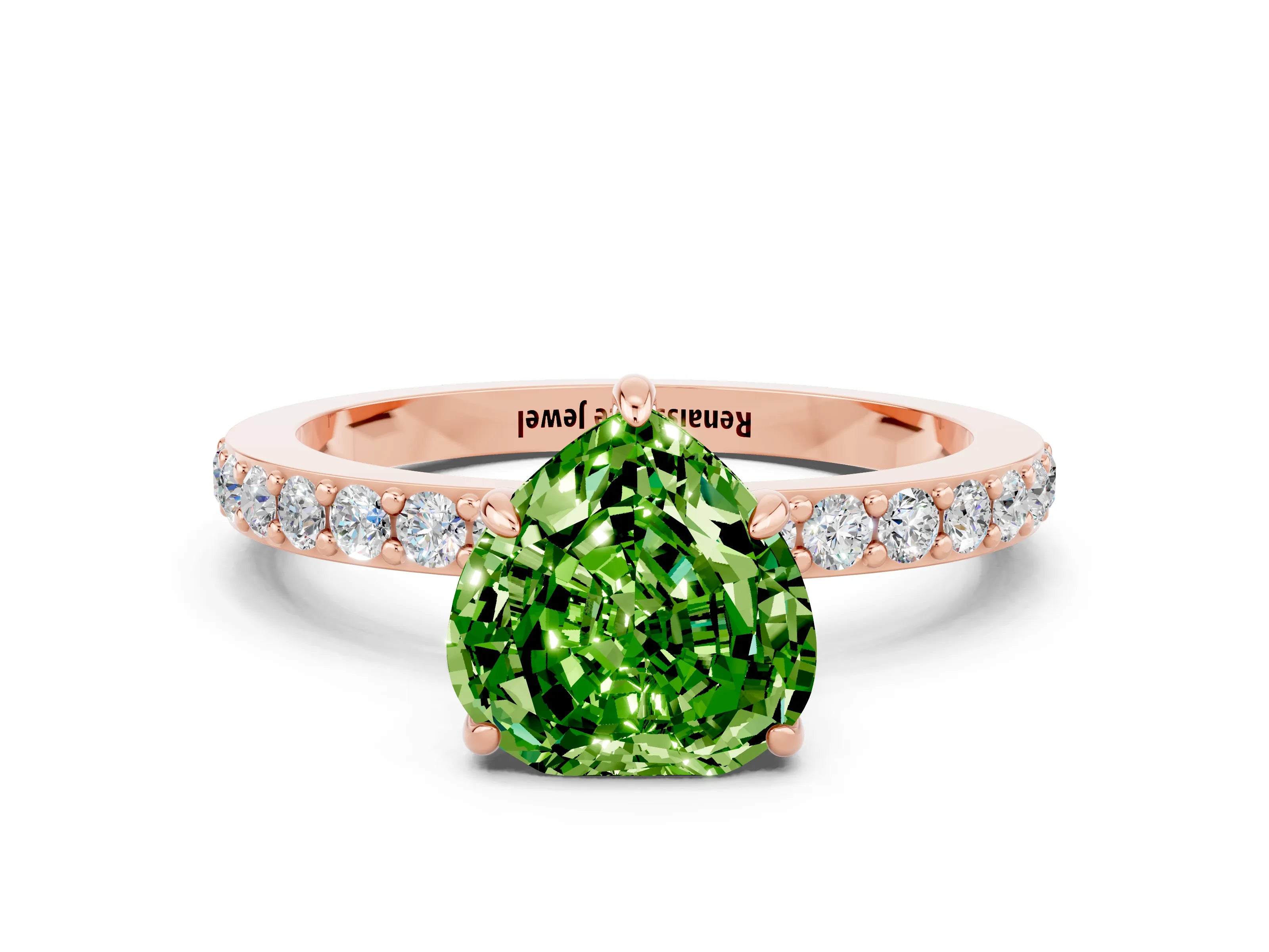 Rose gold Heart Cut Peridot Ring with Pavé Band and Four-Prong Setting