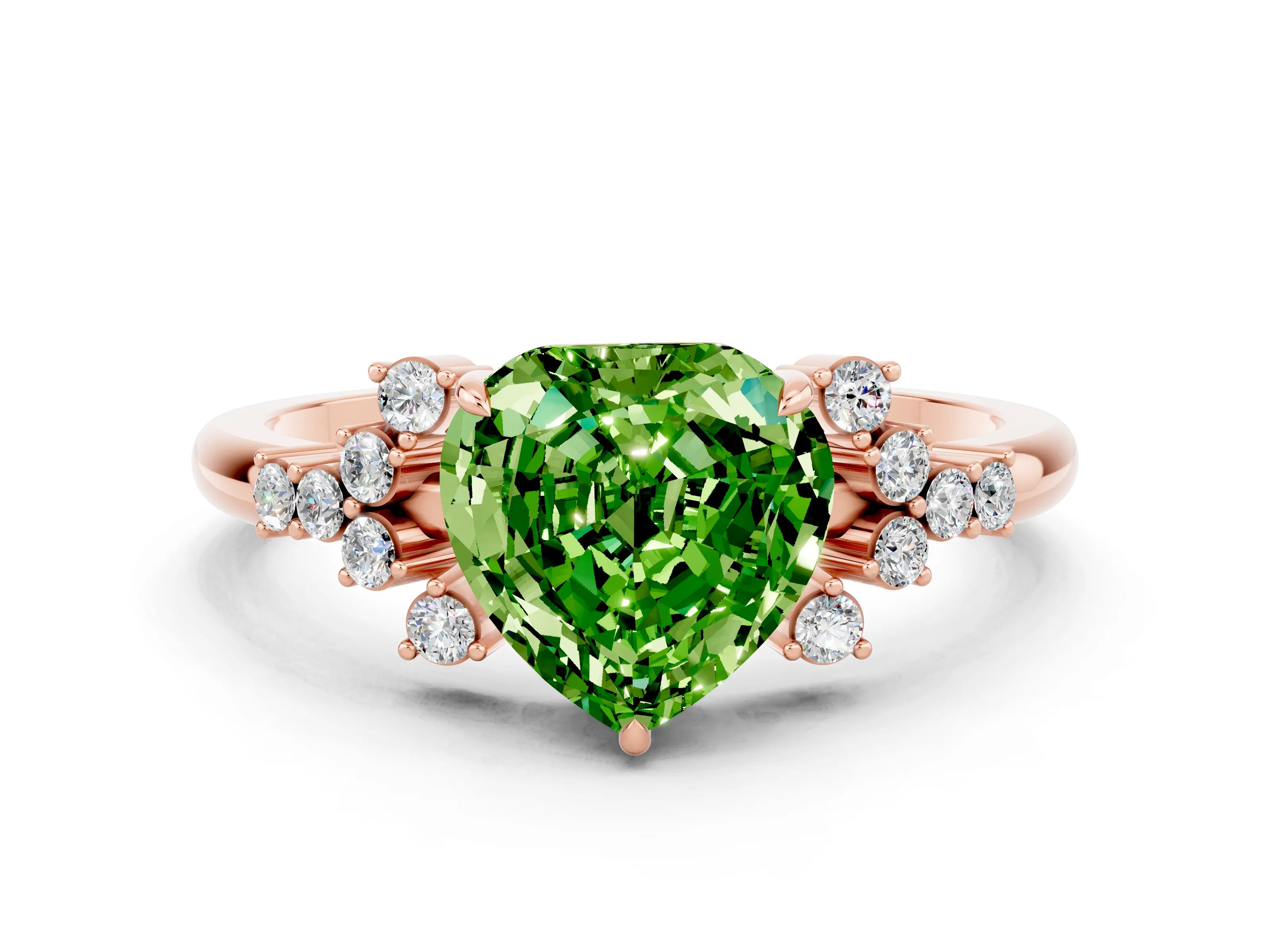 Rose gold Heart Cut Peridot Ring with Side Stones and Four-Prong Setting_36
