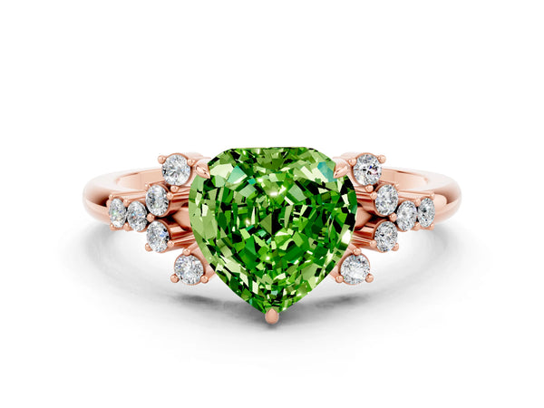 Rose gold Heart Cut Peridot Ring with Side Stones and Four-Prong Setting