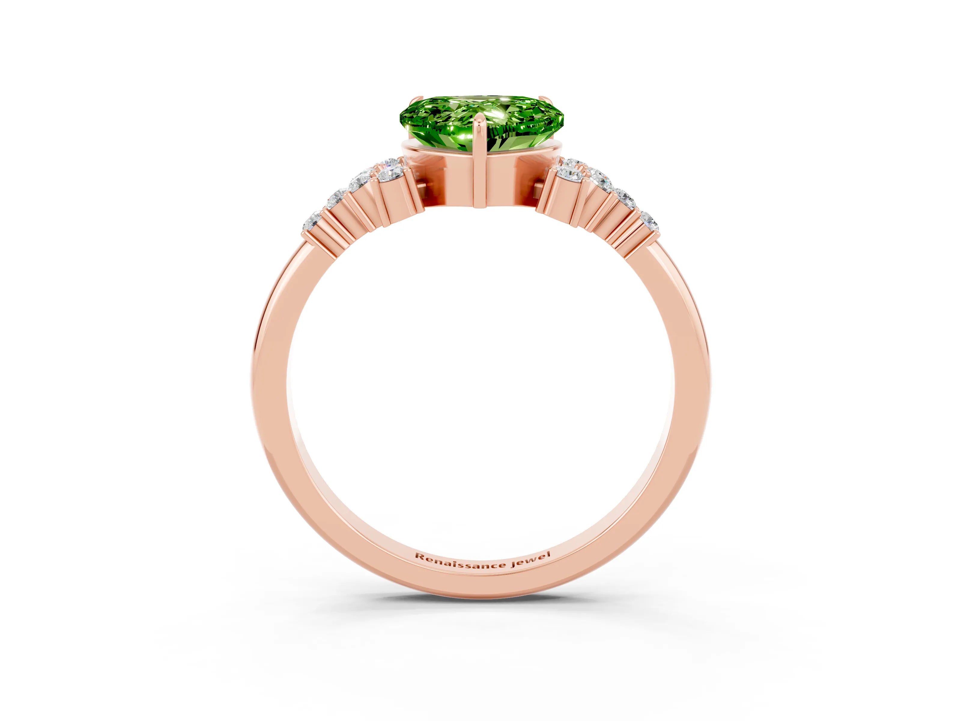 Rose gold Heart Cut Peridot Ring with Side Stones and Four-Prong Setting_39