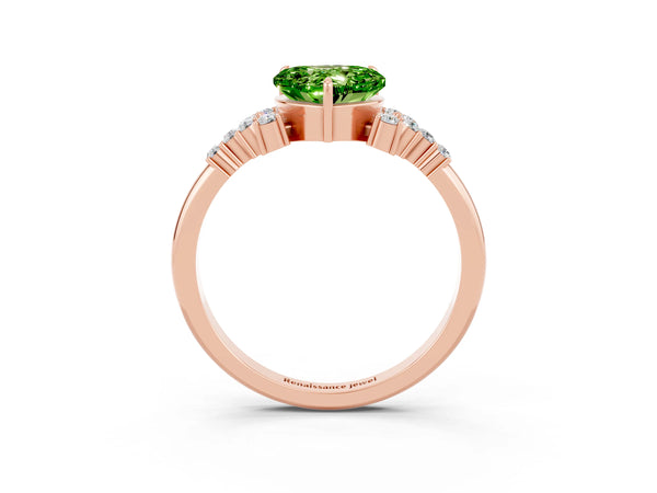 Rose gold Heart Cut Peridot Ring with Side Stones and Four-Prong Setting
