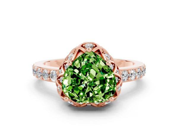 Rose gold Heart Cut Peridot Scalloped Halo Engagement Ring with Round Shared Prong Band