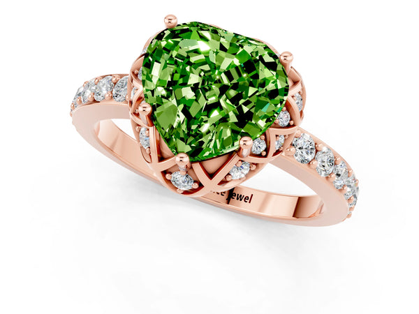 Rose gold Heart Cut Peridot Scalloped Halo Engagement Ring with Round Shared Prong Band