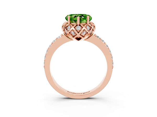 Rose gold Heart Cut Peridot Scalloped Halo Engagement Ring with Round Shared Prong Band