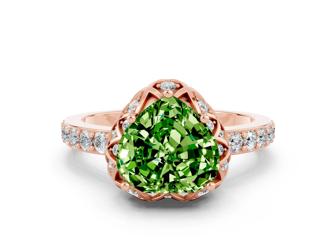 Rose gold Heart Cut Peridot Scalloped Halo Engagement Ring with Round Shared Prong Band_24