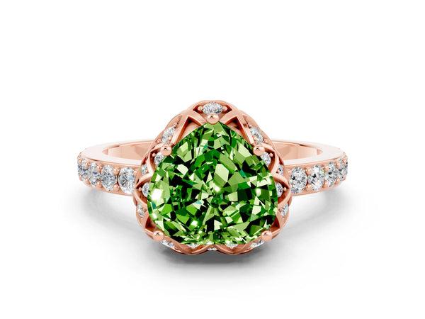 Rose gold Heart Cut Peridot Scalloped Halo Engagement Ring with Round Shared Prong Band