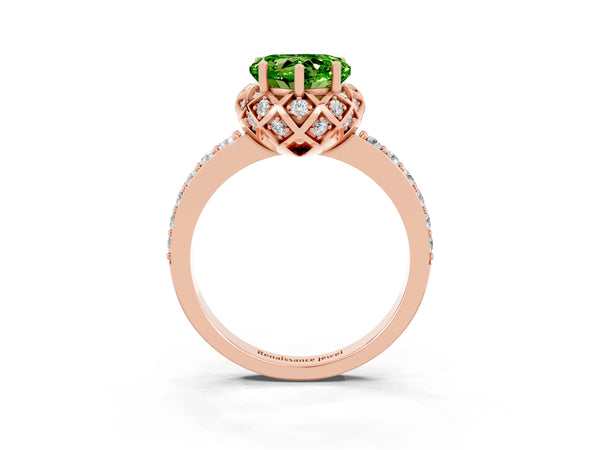 Rose gold Heart Cut Peridot Scalloped Halo Engagement Ring with Round Shared Prong Band