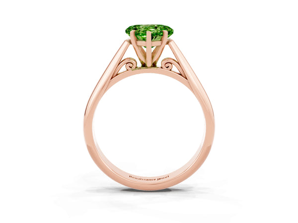 Rose gold Heart Cut Peridot Solitaire Engagement Ring with Cathedral Setting and Four-Prong Mount