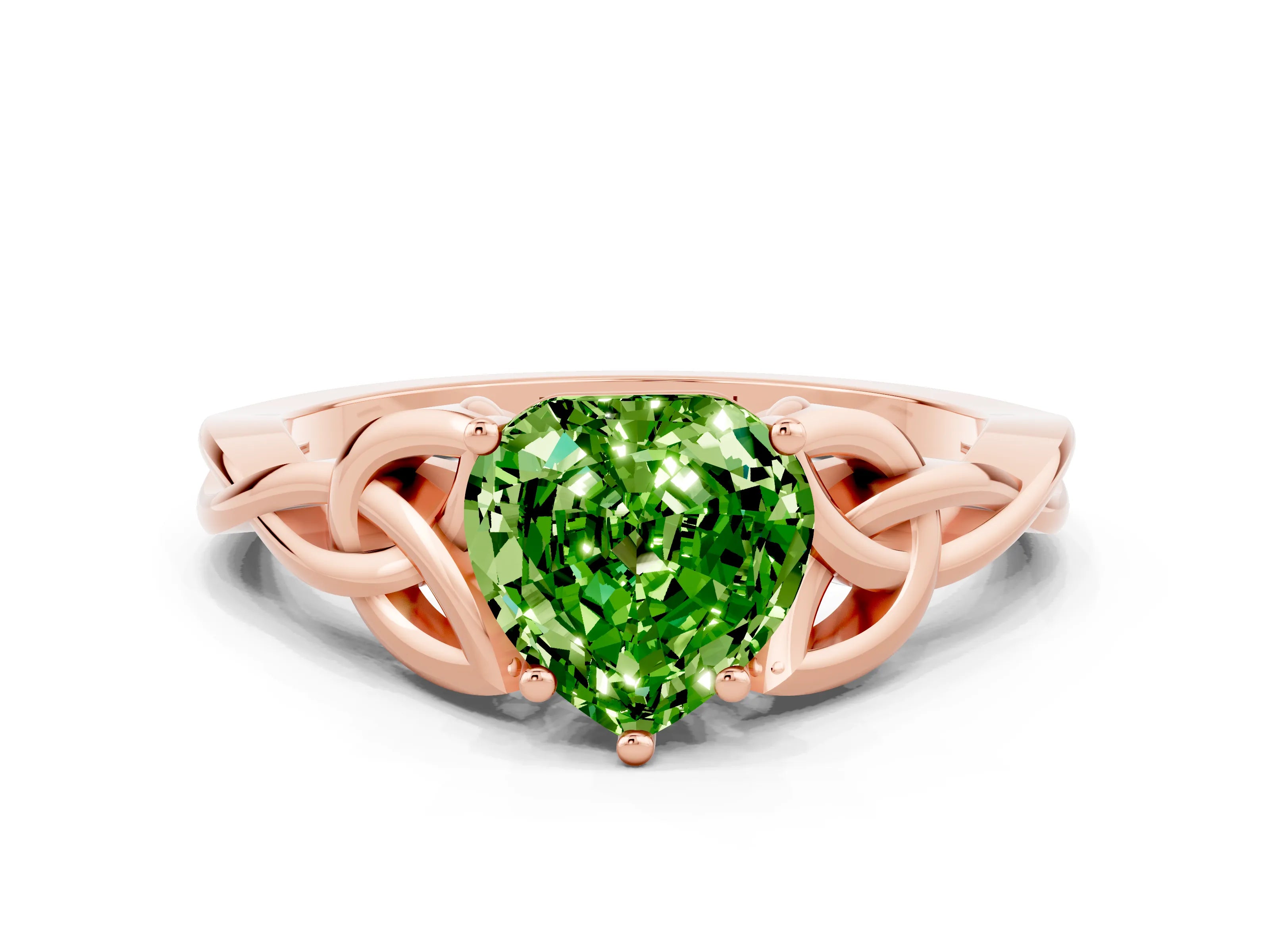 Rose gold Heart Cut Peridot Solitaire Engagement Ring with Celtic Knot Band and Four-Prong Setting