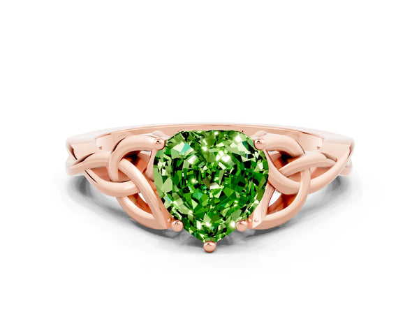 Rose gold Heart Cut Peridot Solitaire Engagement Ring with Celtic Knot Band and Four-Prong Setting