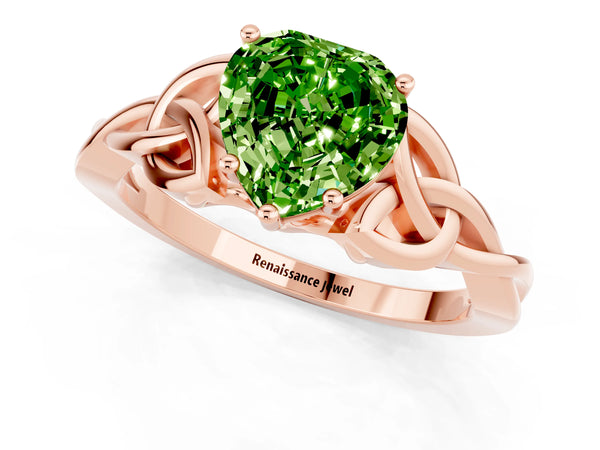 Rose gold Heart Cut Peridot Solitaire Engagement Ring with Celtic Knot Band and Four-Prong Setting
