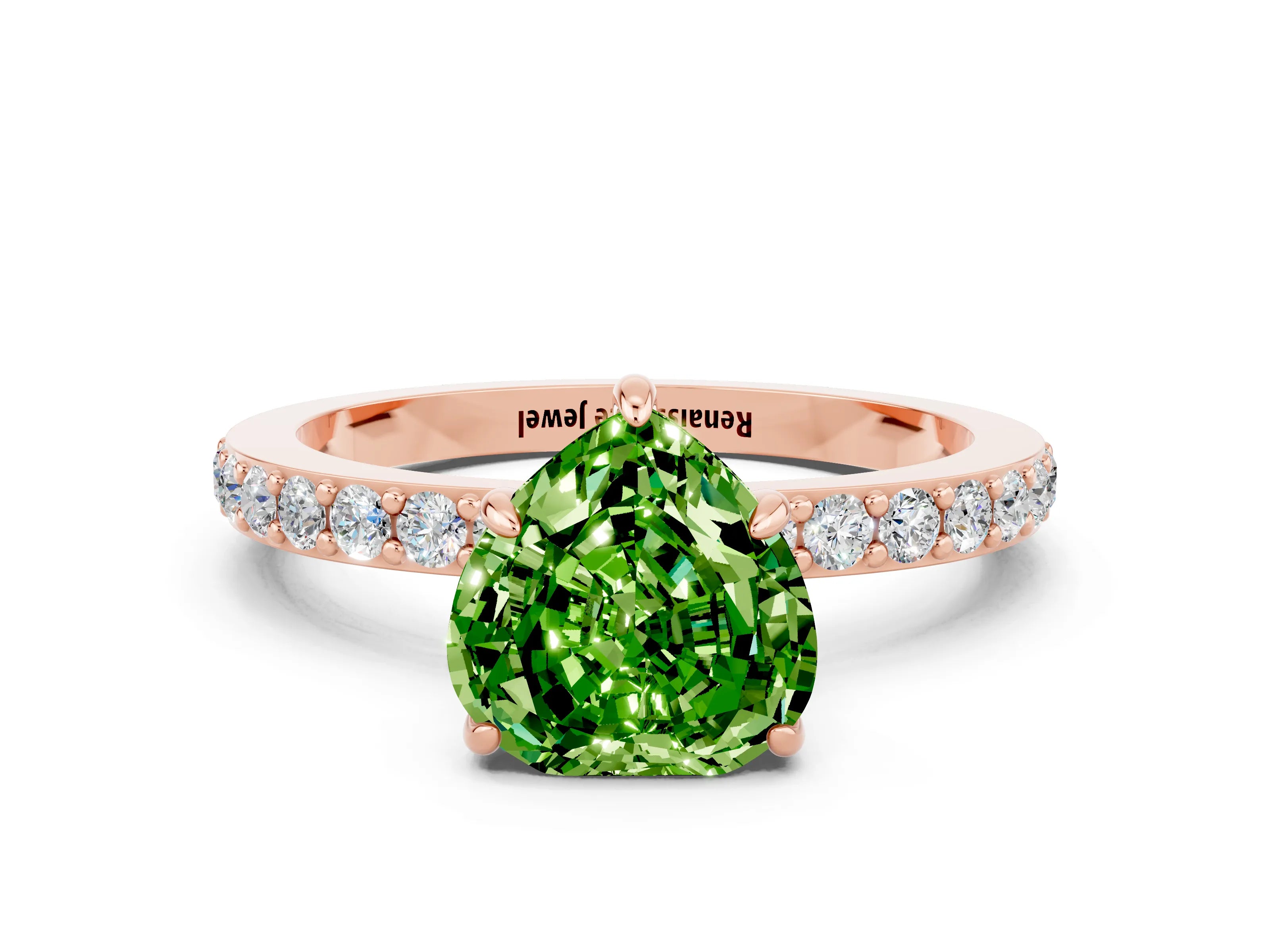 Rose gold Heart Cut Peridot Solitaire Engagement Ring with Pavé Band and Four-Prong Setting