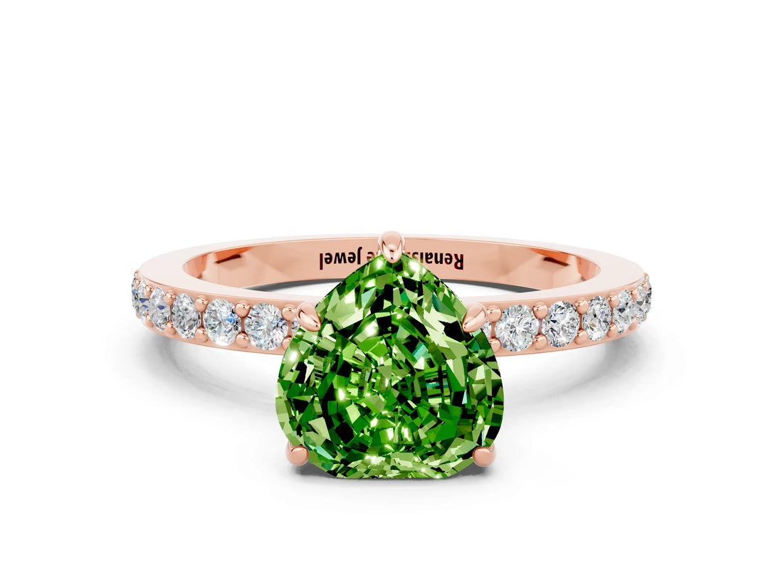 Rose gold Heart Cut Peridot Solitaire Engagement Ring with Pavé Band and Four-Prong Setting