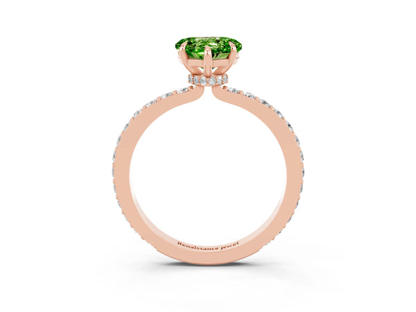 Rose gold Heart Cut Peridot Solitaire Engagement Ring with Pavé Band and Four-Prong Setting