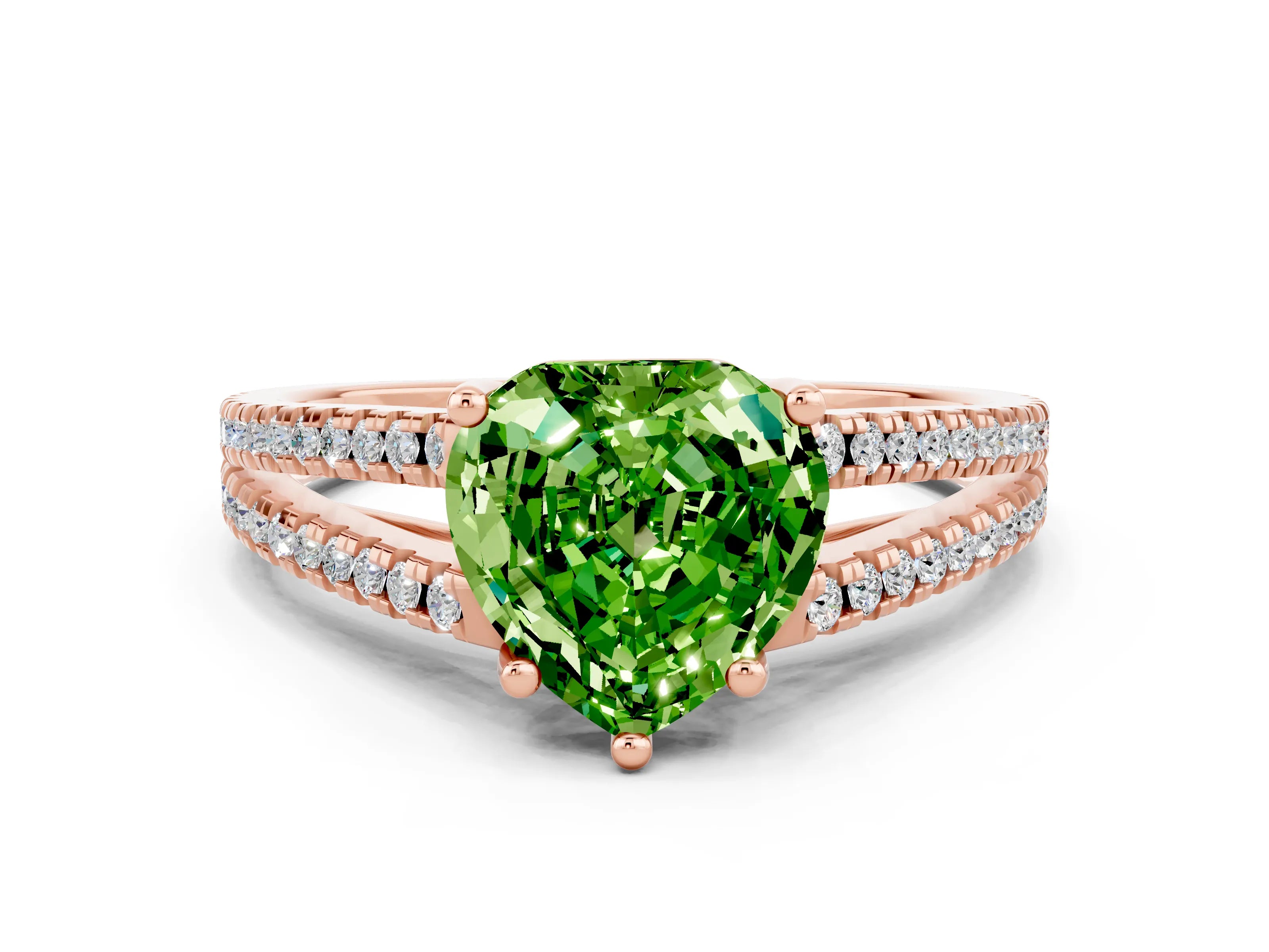 Rose gold Heart Cut Peridot Solitaire Engagement Ring with Split Shank Pavé Band