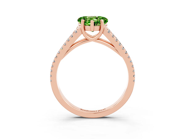 Rose gold Heart Cut Peridot Solitaire Engagement Ring with Split Shank Pavé Band