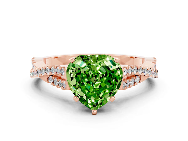 Rose gold Heart Cut Peridot Solitaire Engagement Ring with Twisted Pavé Band and Four-Prong Setting