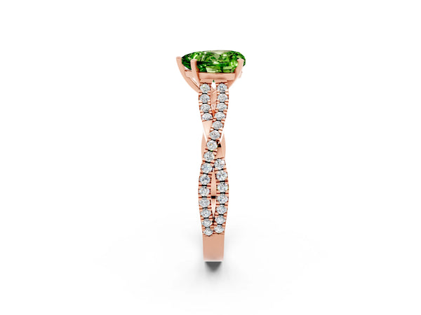 Rose gold Heart Cut Peridot Solitaire Engagement Ring with Twisted Pavé Band and Four-Prong Setting