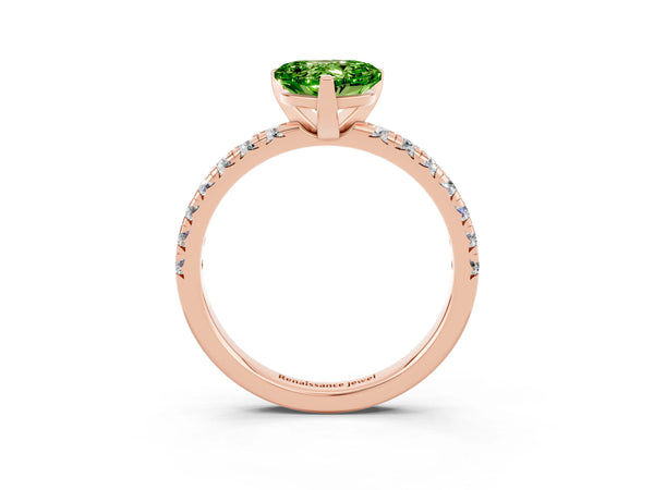 Rose gold Heart Cut Peridot Solitaire Pavé Engagement Ring with Round Band and Prong Setting