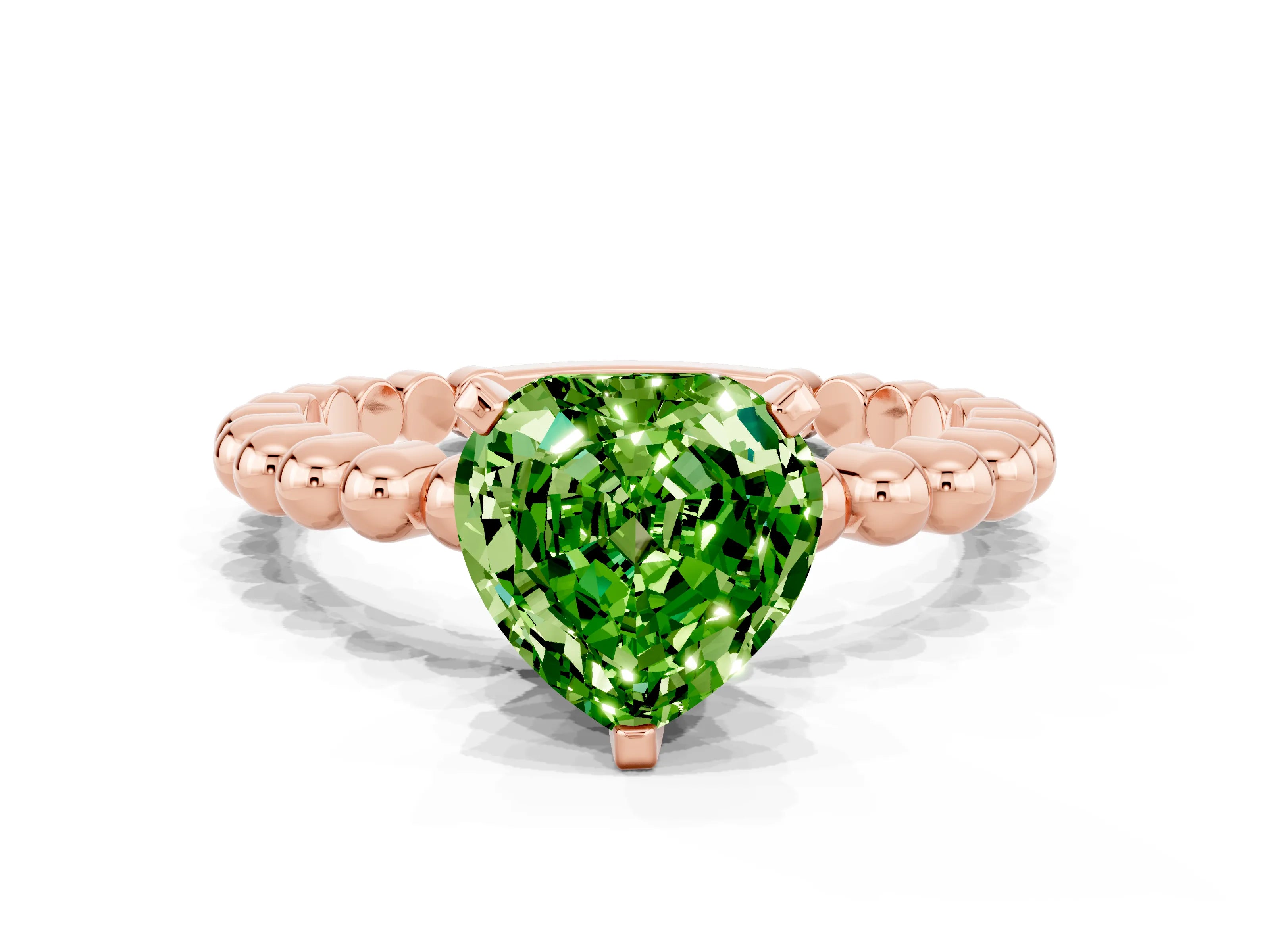 Rose gold Heart Cut Peridot Solitaire Ring with Beaded Band and Prong Setting