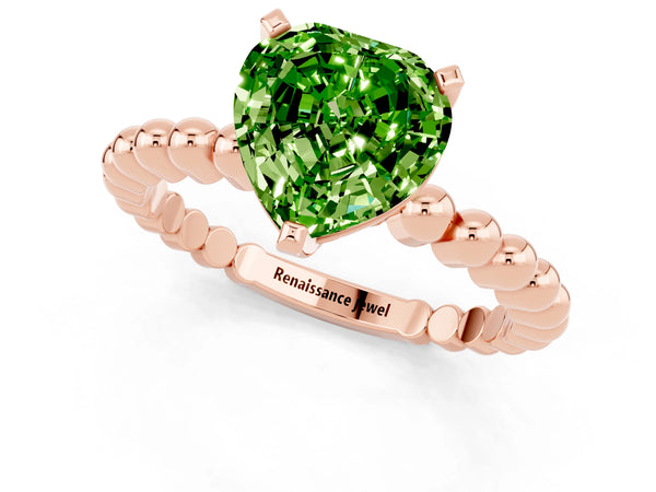 Rose gold Heart Cut Peridot Solitaire Ring with Beaded Band and Prong Setting