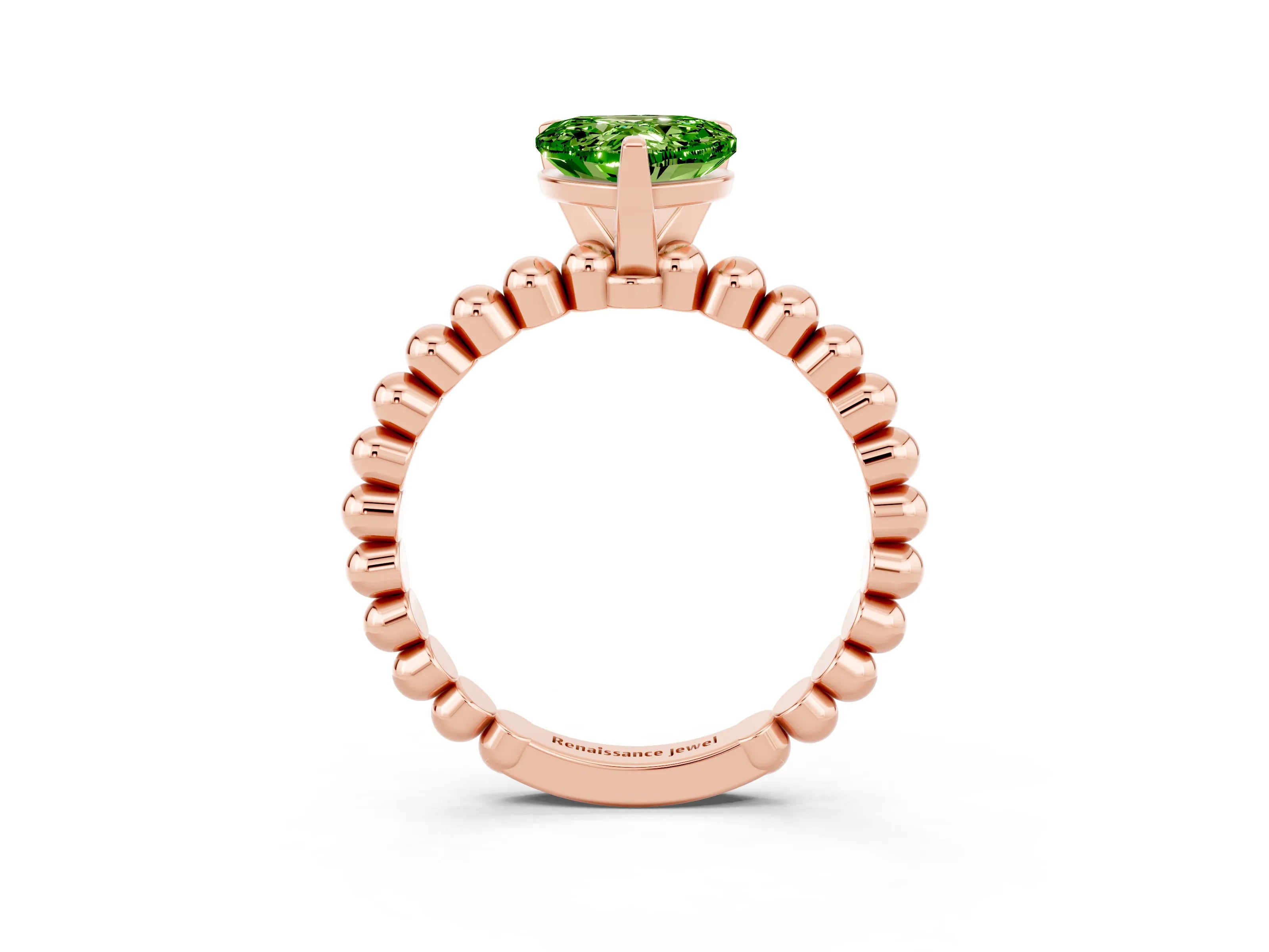 Rose gold Heart Cut Peridot Solitaire Ring with Beaded Band and Prong Setting_3