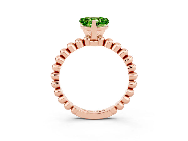 Rose gold Heart Cut Peridot Solitaire Ring with Beaded Band and Prong Setting