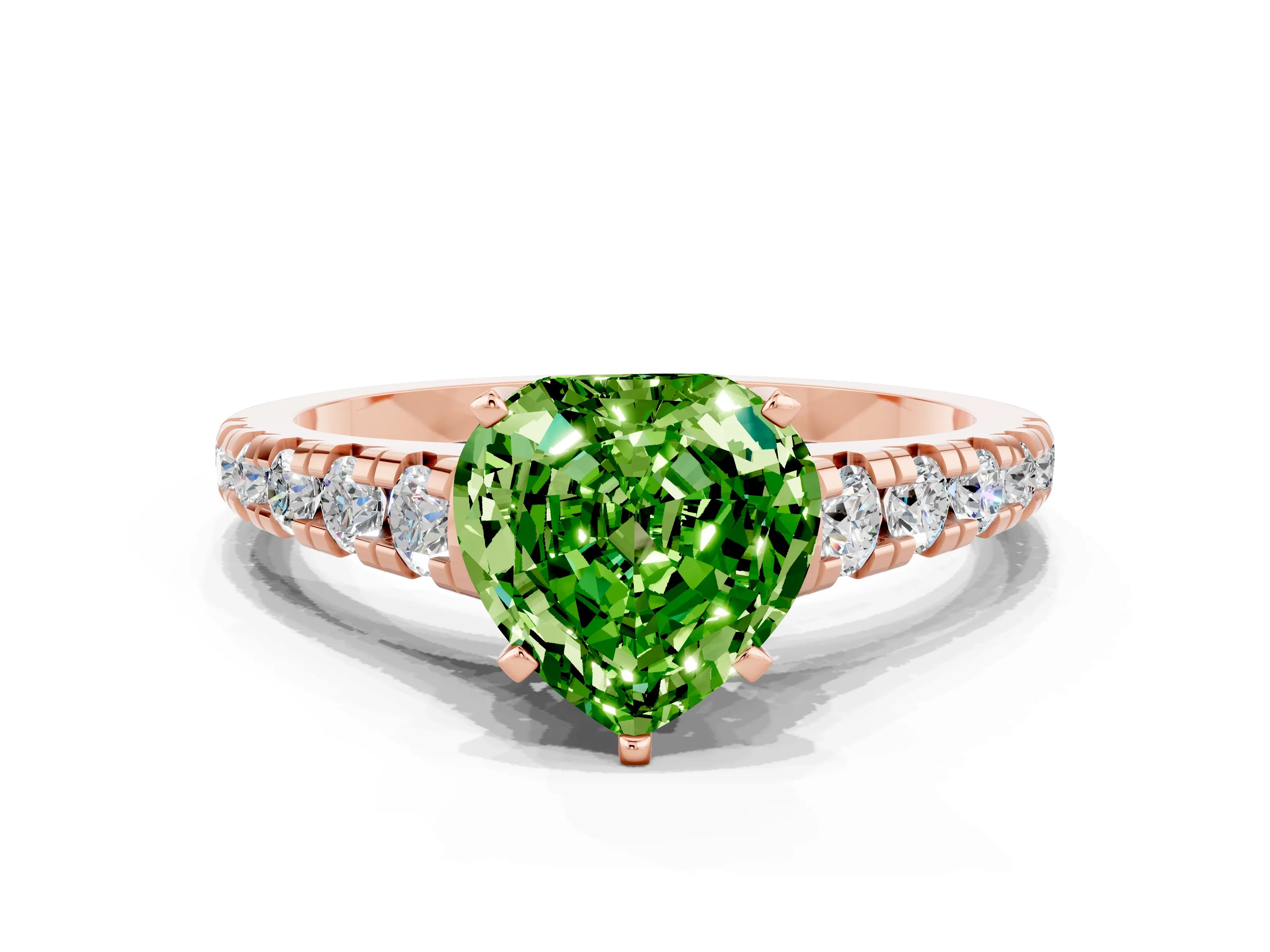 Rose gold Heart Cut Peridot Solitaire Ring with Cathedral Setting and Pavé Band