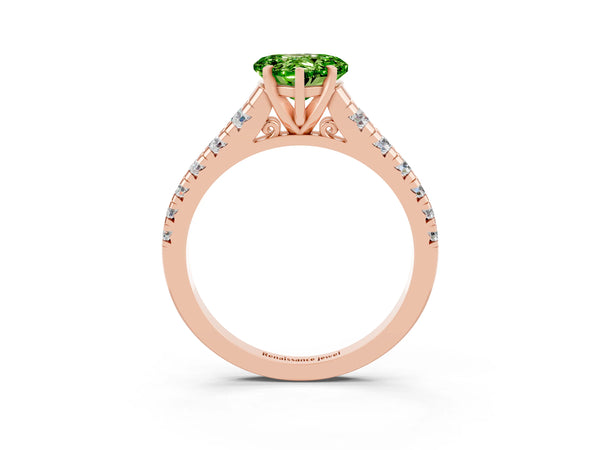 Rose gold Heart Cut Peridot Cathedral Solitaire Ring with Round  Pavé Band