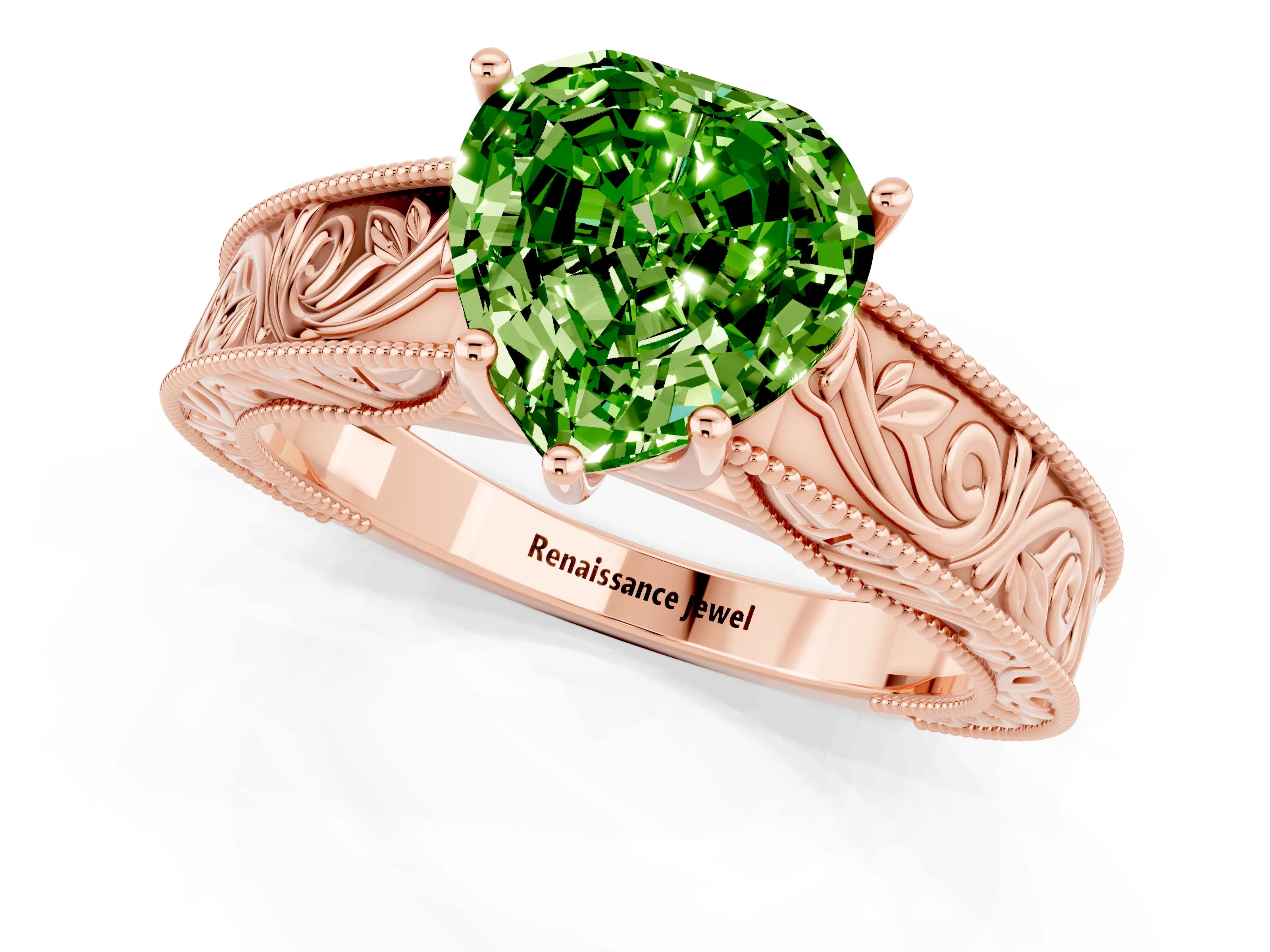 Rose gold Heart Cut Peridot Solitaire Ring with Engraved Band and Four-Prong Setting_1