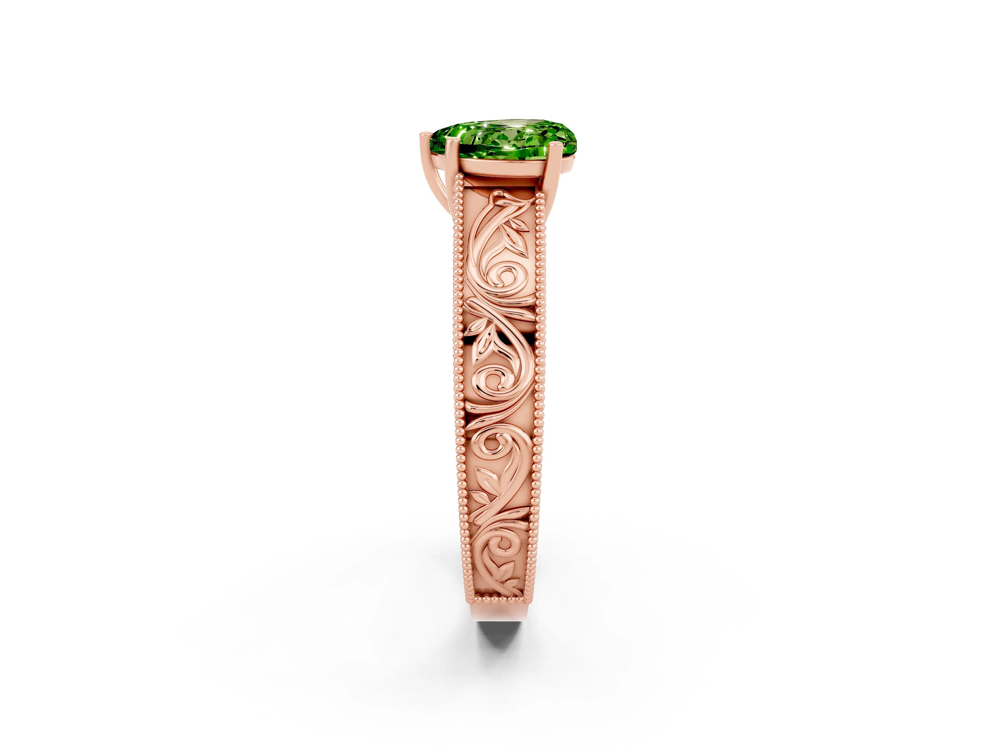 Rose gold Heart Cut Peridot Solitaire Ring with Engraved Band and Four-Prong Setting_2