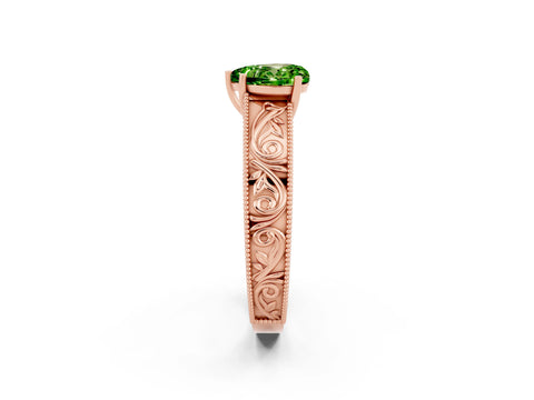 Rose gold Heart Cut Peridot Solitaire Ring with Engraved Band and Four-Prong Setting_2