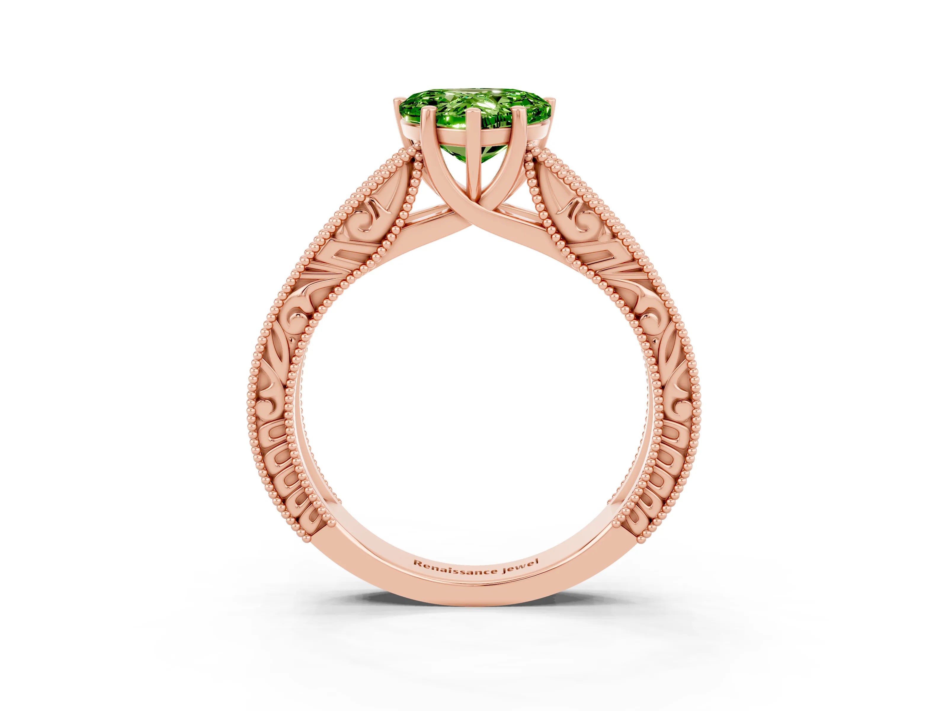 Rose gold Heart Cut Peridot Solitaire Ring with Engraved Band and Four-Prong Setting_3
