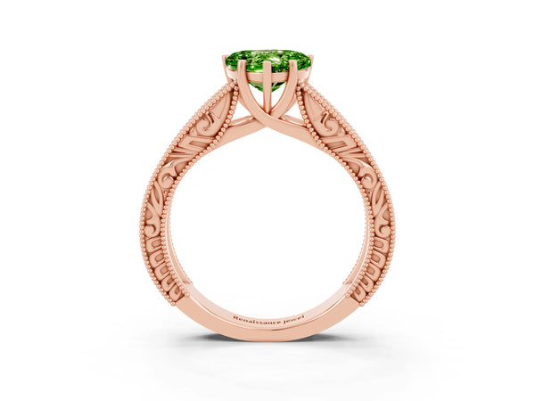 Rose gold Heart Cut Peridot Solitaire Ring with Engraved Band and Four-Prong Setting