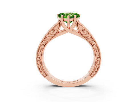 Rose gold Heart Cut Peridot Solitaire Ring with Engraved Band and Four-Prong Setting_3