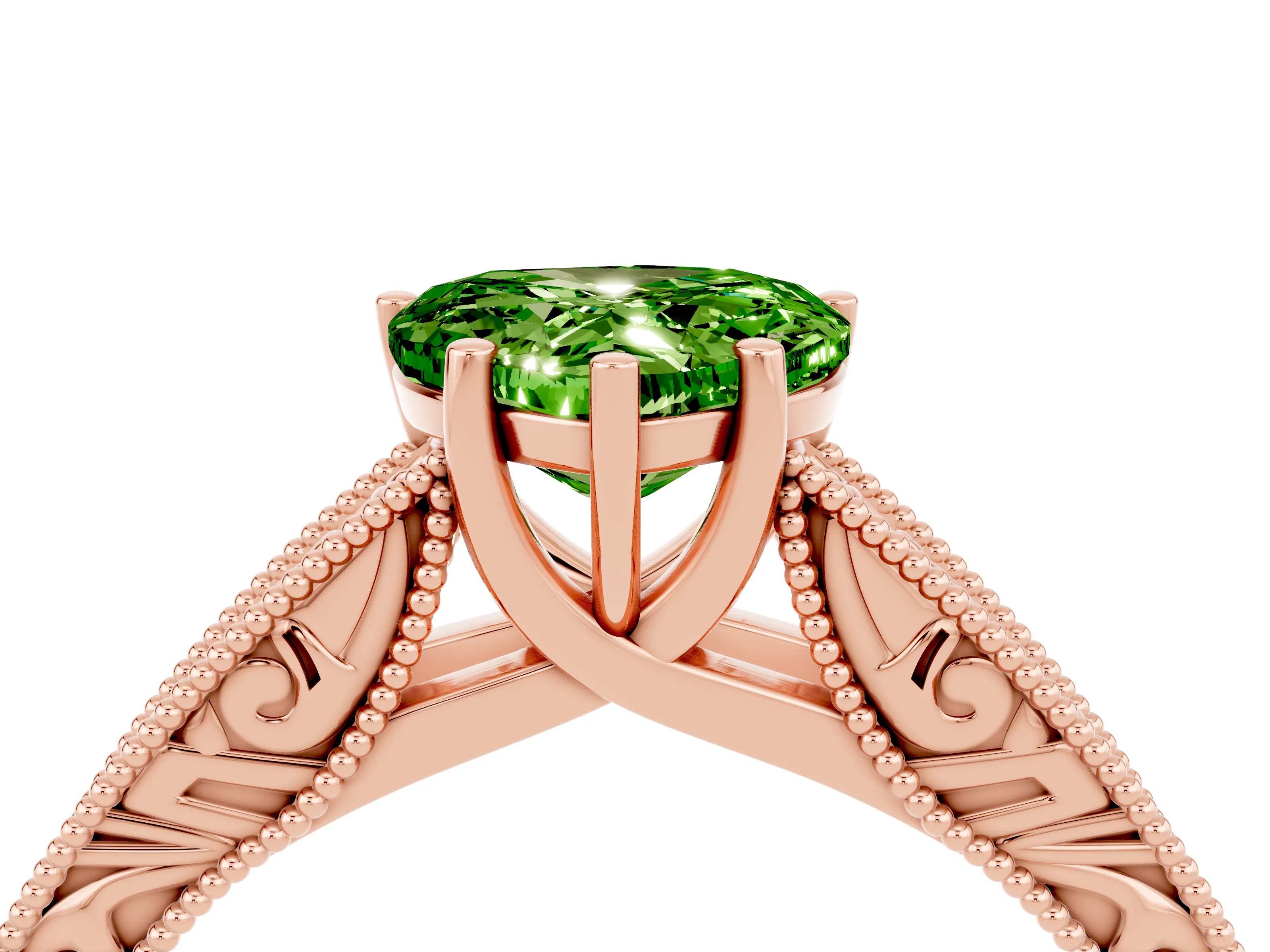 Rose gold Heart Cut Peridot Solitaire Ring with Engraved Band and Four-Prong Setting_4