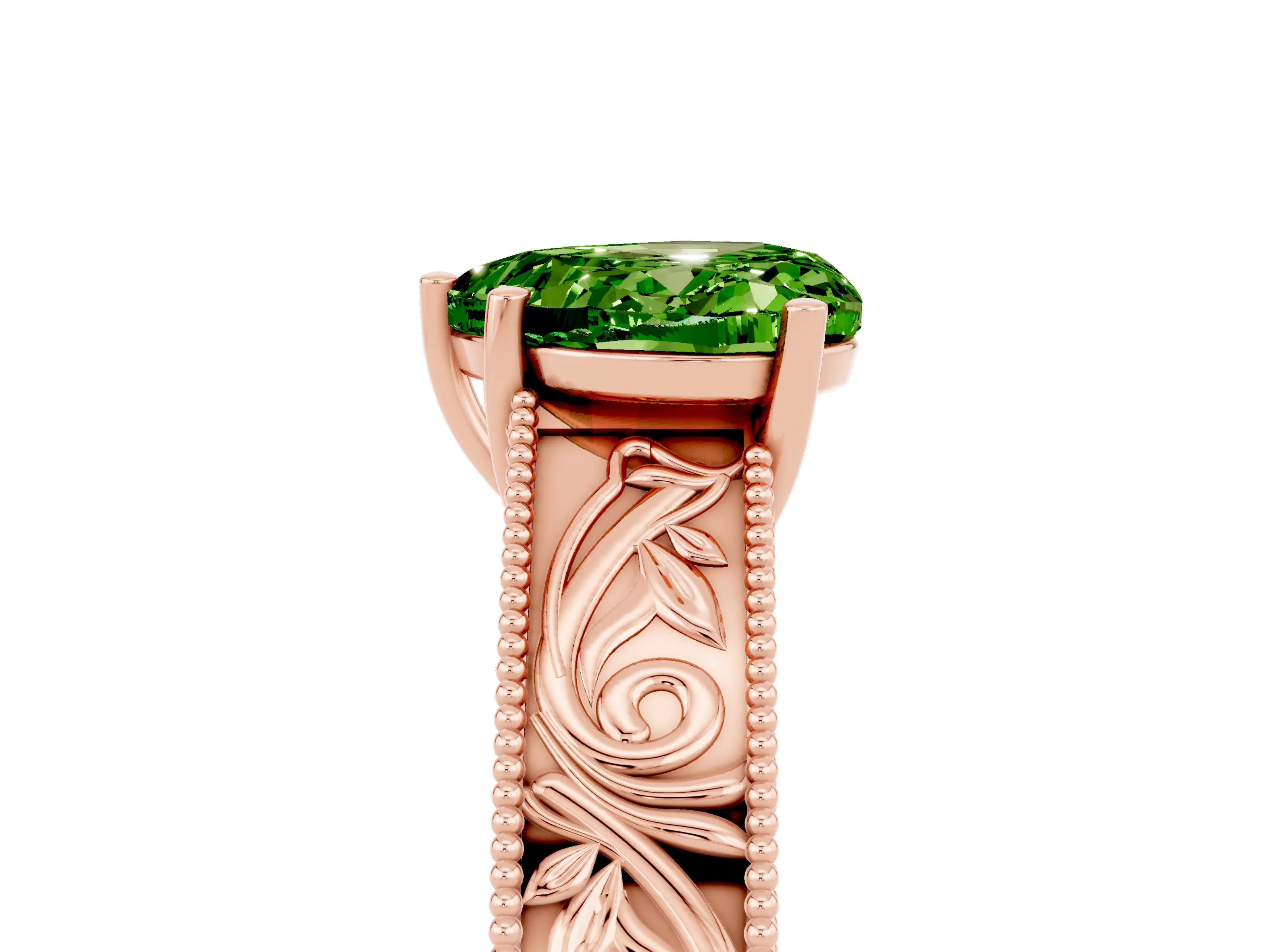 Rose gold Heart Cut Peridot Solitaire Ring with Engraved Band and Four-Prong Setting_5