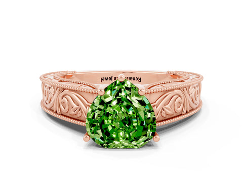 Rose gold Heart Cut Peridot Solitaire Ring with Engraved Band and Four-Prong Setting
