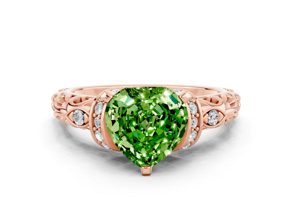 Rose gold Heart Cut Peridot Solitaire Ring with Filigree Band and Four-Prong Setting