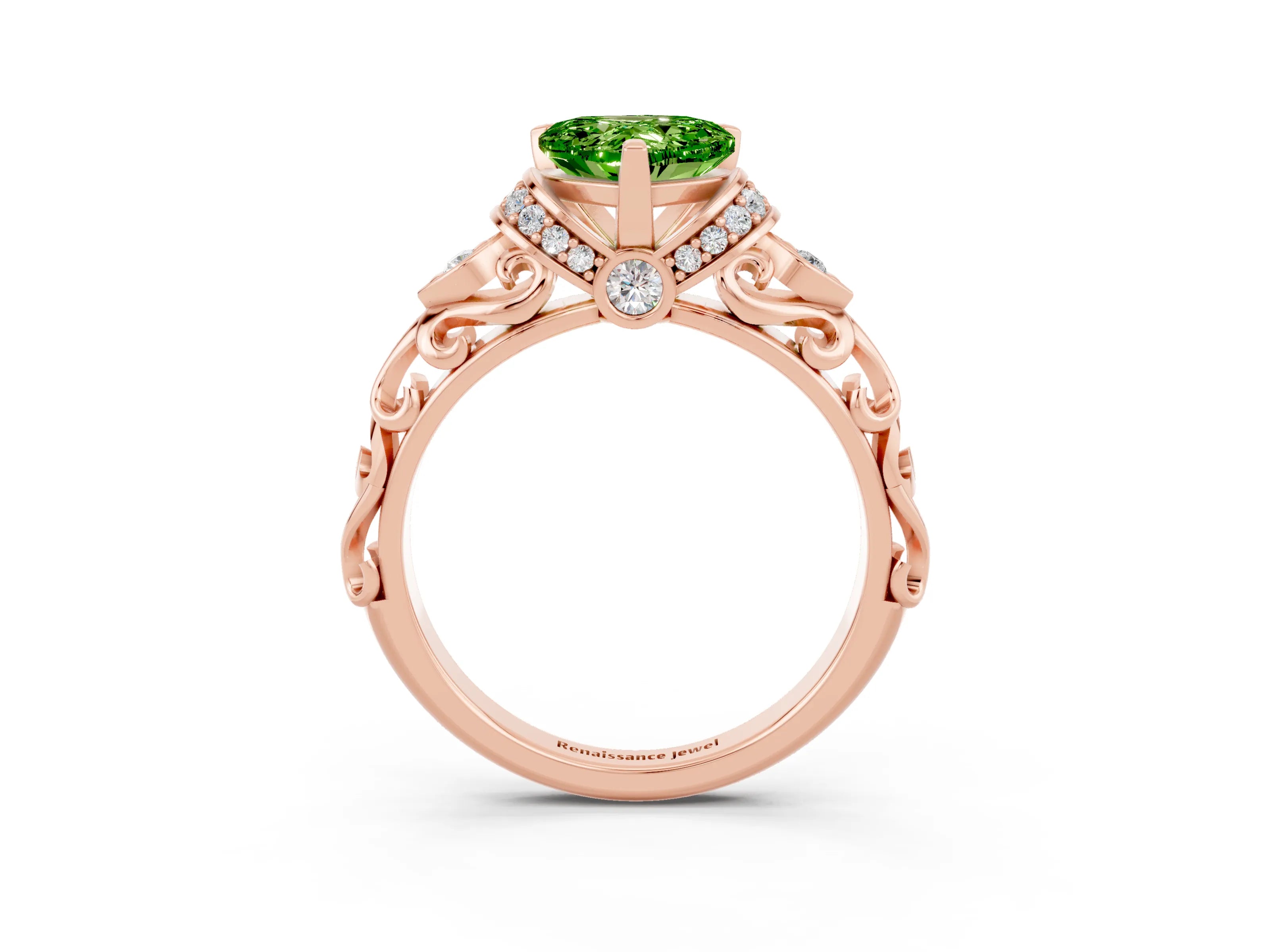 Rose gold Heart Cut Peridot Solitaire Ring with Filigree Band and Four-Prong Setting_27